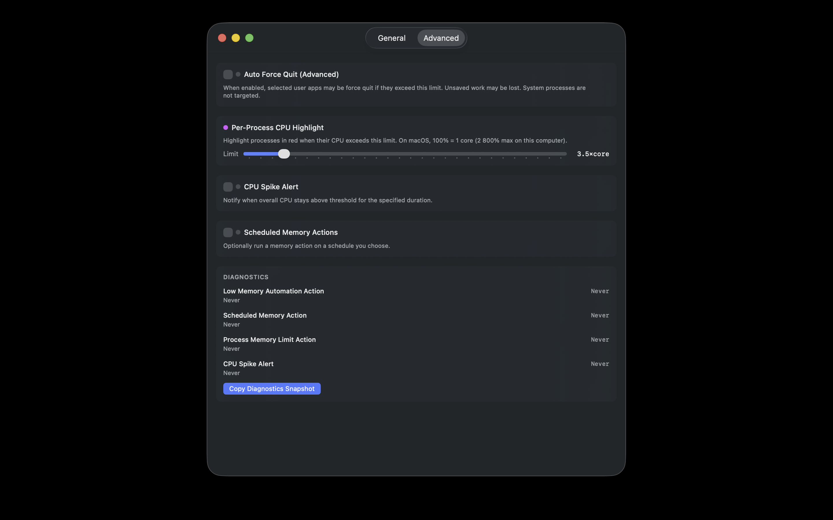 Settings - advanced process control and CPU spike alerts