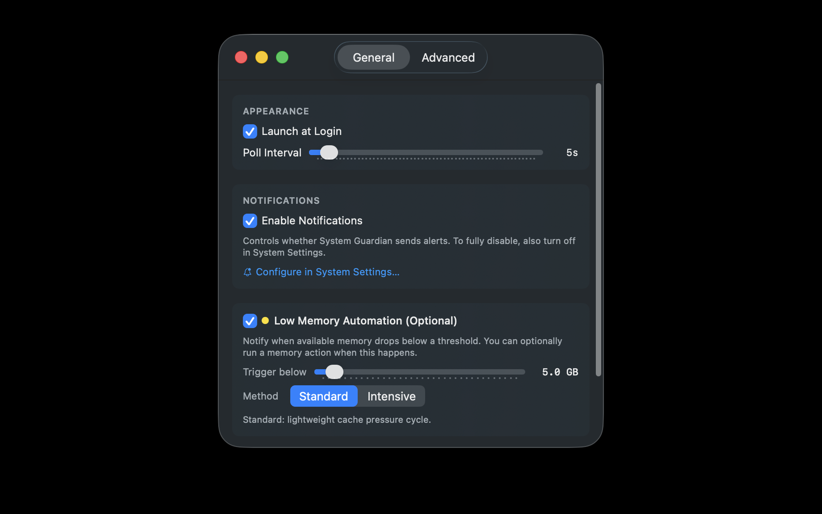 Settings - low memory automation with configurable thresholds